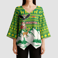 Bolivia Christmas Kimono Sleeve Blouse with Santa Claus Andean Deer Condor and Traditional Pattern Design - Wonder Print Shop