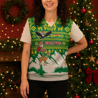 Bolivia Christmas Knitted V-Neck Vest with Santa Claus Andean Deer Condor and Traditional Pattern Design - Wonder Print Shop