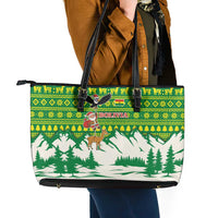 Bolivia Christmas Leather Tote Bag with Santa Claus Andean Deer Condor and Traditional Pattern Design - Wonder Print Shop