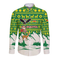 Bolivia Christmas Long Sleeve Button Shirt with Santa Claus Andean Deer Condor and Traditional Pattern Design - Wonder Print Shop