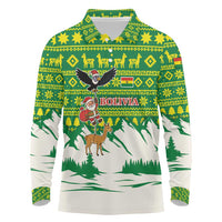 Bolivia Christmas Long Sleeve Polo Shirt with Santa Claus Andean Deer Condor and Traditional Pattern Design - Wonder Print Shop