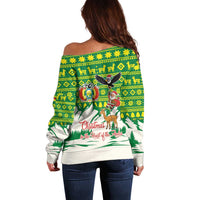 Bolivia Christmas Off Shoulder Sweater with Santa Claus Andean Deer Condor and Traditional Pattern Design - Wonder Print Shop