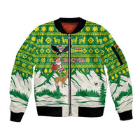 Bolivia Christmas Sleeve Zip Bomber Jacket with Santa Claus Andean Deer Condor and Traditional Pattern Design - Wonder Print Shop