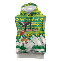 Bolivia Christmas Sleeveless Hoodie with Santa Claus Andean Deer Condor and Traditional Pattern Design - Wonder Print Shop