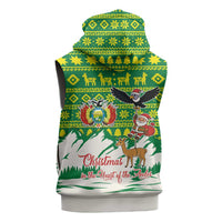 Bolivia Christmas Sleeveless Zip Hoodie with Santa Claus Andean Deer Condor and Traditional Pattern Design - Wonder Print Shop