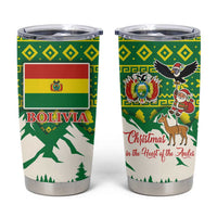 Bolivia Christmas Tumbler Cup with Santa Claus Andean Deer Condor and Traditional Pattern Design - Wonder Print Shop