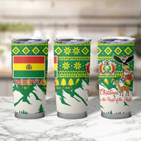 Bolivia Christmas Tumbler Cup with Santa Claus Andean Deer Condor and Traditional Pattern Design - Wonder Print Shop
