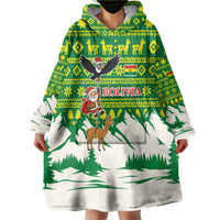Bolivia Christmas Wearable Blanket Hoodie with Santa Claus Andean Deer Condor and Traditional Pattern Design - Wonder Print Shop