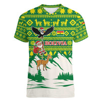 Bolivia Christmas Women V-Neck T-Shirt with Santa Claus Andean Deer Condor and Traditional Pattern Design - Wonder Print Shop