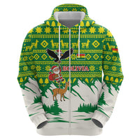 Bolivia Christmas Zip Hoodie with Santa Claus Andean Deer Condor and Traditional Pattern Design - Wonder Print Shop