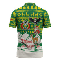 Bolivia Christmas Zipper Polo Shirt with Santa Claus Andean Deer Condor and Traditional Pattern Design - Wonder Print Shop