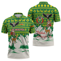 Bolivia Christmas Zipper Polo Shirt with Santa Claus Andean Deer Condor and Traditional Pattern Design - Wonder Print Shop