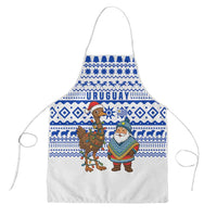 Uruguay Christmas Apron with Santa Claus Rhea Bird Holiday Lights and Blue Geometric Pattern - Wonder Print Shop