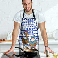 Uruguay Christmas Apron with Santa Claus Rhea Bird Holiday Lights and Blue Geometric Pattern - Wonder Print Shop