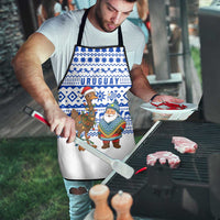 Uruguay Christmas Apron with Santa Claus Rhea Bird Holiday Lights and Blue Geometric Pattern - Wonder Print Shop