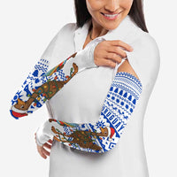 Uruguay Christmas Arm Sleeves with Santa Claus Rhea Bird Holiday Lights and Blue Geometric Pattern - Wonder Print Shop