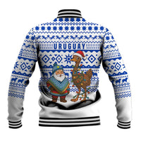 Uruguay Christmas Baseball Jacket with Santa Claus Rhea Bird Holiday Lights and Blue Geometric Pattern - Wonder Print Shop