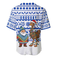 Uruguay Christmas Baseball Jersey with Santa Claus Rhea Bird Holiday Lights and Blue Geometric Pattern - Wonder Print Shop