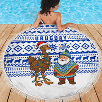 Uruguay Christmas Beach Blanket with Santa Claus Rhea Bird Holiday Lights and Blue Geometric Pattern - Wonder Print Shop