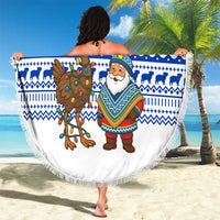 Uruguay Christmas Beach Blanket with Santa Claus Rhea Bird Holiday Lights and Blue Geometric Pattern - Wonder Print Shop