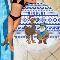Uruguay Christmas Beach Blanket with Santa Claus Rhea Bird Holiday Lights and Blue Geometric Pattern - Wonder Print Shop