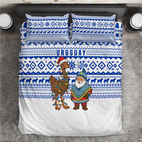 Uruguay Christmas Bedding Set with Santa Claus Rhea Bird Holiday Lights and Blue Geometric Pattern - Wonder Print Shop