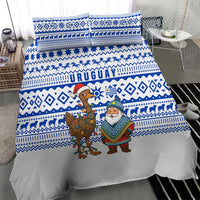 Uruguay Christmas Bedding Set with Santa Claus Rhea Bird Holiday Lights and Blue Geometric Pattern - Wonder Print Shop