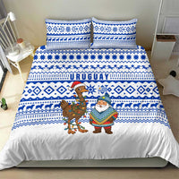 Uruguay Christmas Bedding Set with Santa Claus Rhea Bird Holiday Lights and Blue Geometric Pattern - Wonder Print Shop