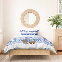 Uruguay Christmas Bedding Set with Santa Claus Rhea Bird Holiday Lights and Blue Geometric Pattern - Wonder Print Shop