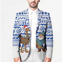 Uruguay Christmas Blazer with Santa Claus Rhea Bird Holiday Lights and Blue Geometric Pattern - Wonder Print Shop