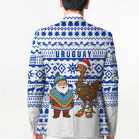 Uruguay Christmas Blazer with Santa Claus Rhea Bird Holiday Lights and Blue Geometric Pattern - Wonder Print Shop