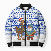 Uruguay Christmas Bomber Puffer Jacket with Santa Claus Rhea Bird Holiday Lights and Blue Geometric Pattern - Wonder Print Shop