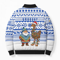 Uruguay Christmas Bomber Puffer Jacket with Santa Claus Rhea Bird Holiday Lights and Blue Geometric Pattern - Wonder Print Shop