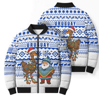 Uruguay Christmas Bomber Puffer Jacket with Santa Claus Rhea Bird Holiday Lights and Blue Geometric Pattern - Wonder Print Shop