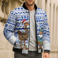 Uruguay Christmas Bomber Puffer Jacket with Santa Claus Rhea Bird Holiday Lights and Blue Geometric Pattern - Wonder Print Shop