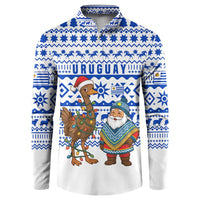 Uruguay Christmas Button Sweatshirt with Santa Claus Rhea Bird Holiday Lights and Blue Geometric Pattern - Wonder Print Shop