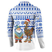 Uruguay Christmas Button Sweatshirt with Santa Claus Rhea Bird Holiday Lights and Blue Geometric Pattern - Wonder Print Shop