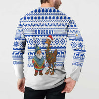 Uruguay Christmas Button Sweatshirt with Santa Claus Rhea Bird Holiday Lights and Blue Geometric Pattern - Wonder Print Shop