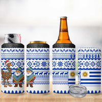 Uruguay Christmas 4 in 1 Can Cooler Tumbler with Santa Claus Rhea Bird Holiday Lights and Blue Geometric Pattern - Wonder Print Shop