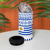 Uruguay Christmas 4 in 1 Can Cooler Tumbler with Santa Claus Rhea Bird Holiday Lights and Blue Geometric Pattern - Wonder Print Shop