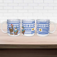 Uruguay Christmas Ceramic Mug with Santa Claus Rhea Bird Holiday Lights and Blue Geometric Pattern - Wonder Print Shop