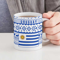 Uruguay Christmas Ceramic Mug with Santa Claus Rhea Bird Holiday Lights and Blue Geometric Pattern - Wonder Print Shop
