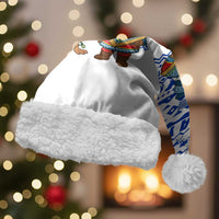 Uruguay Christmas Santa Hat with Santa Claus Rhea Bird Holiday Lights and Blue Geometric Pattern - Wonder Print Shop