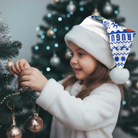 Uruguay Christmas Santa Hat with Santa Claus Rhea Bird Holiday Lights and Blue Geometric Pattern - Wonder Print Shop