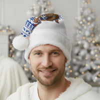 Uruguay Christmas Santa Hat with Santa Claus Rhea Bird Holiday Lights and Blue Geometric Pattern - Wonder Print Shop