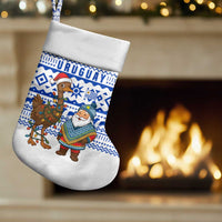 Uruguay Christmas Stocking with Santa Claus Rhea Bird Holiday Lights and Blue Geometric Pattern - Wonder Print Shop