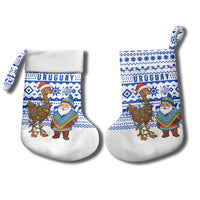 Uruguay Christmas Stocking with Santa Claus Rhea Bird Holiday Lights and Blue Geometric Pattern - Wonder Print Shop