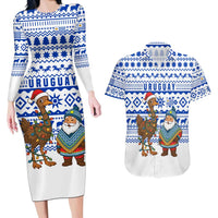 Uruguay Christmas Couples Matching Long Sleeve Bodycon Dress and Hawaiian Shirt with Santa Claus Rhea Bird Holiday Lights and Blue Geometric Pattern - Wonder Print Shop