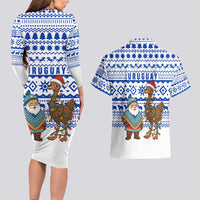 Uruguay Christmas Couples Matching Long Sleeve Bodycon Dress and Hawaiian Shirt with Santa Claus Rhea Bird Holiday Lights and Blue Geometric Pattern - Wonder Print Shop