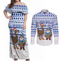 Uruguay Christmas Couples Matching Off Shoulder Maxi Dress and Long Sleeve Button Shirt with Santa Claus Rhea Bird Holiday Lights and Blue Geometric Pattern - Wonder Print Shop